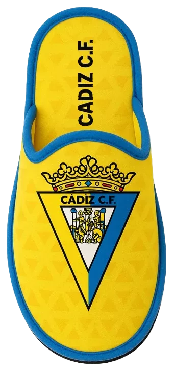 Chanclas personalizadas del Cádiz CF azules y amarillas con nombre del equipo.