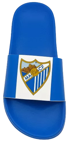 Chanclas de dedo personalizadas del Málaga CF con escudo oficial sobre fondo blanco y azul.